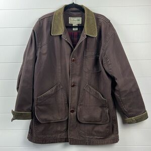 LL bean men’s Large barn coat chore jacket brown flannel lined double pocket